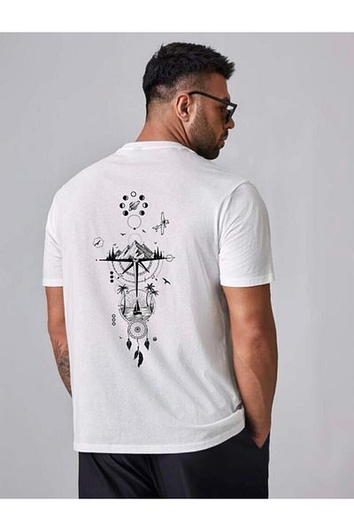 AFROGİYİM Υπερμεγέθη μπλουζάκι Unisex Λευκό Ocean Compass πίσω με στάμπα