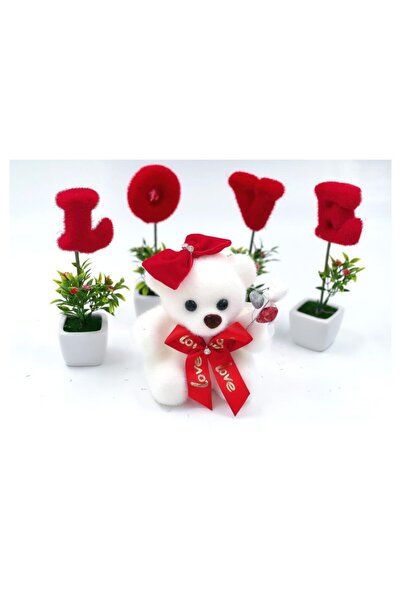 QUEEN AKSESUAR Anneler Günü Hediye Yapay Love Saksılı Çiçek Süslü Ayıcık Set ...