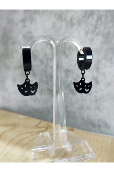 sarıyer silver Black Steel Hoop Earrings with Theater Mask Figure