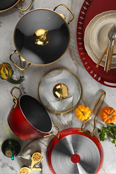 Çelik طقم أواني طهي منقوشة جرانيت من مايا 7 قطع - أحمر