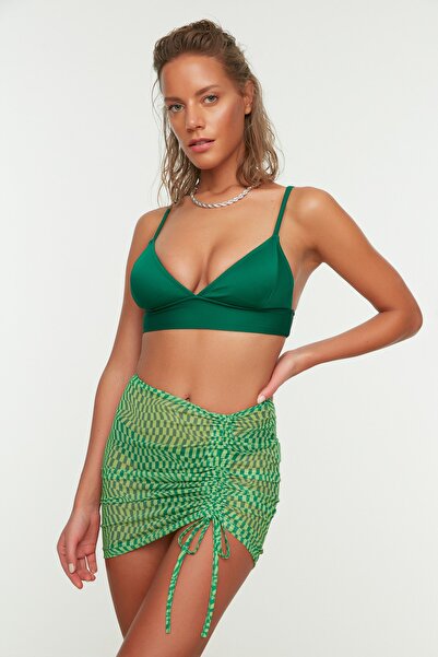 Trendyol Collection Green Geometric Pattern Mini Knitted Shirred Mesh Beach Pareo Tbess22Pr0001