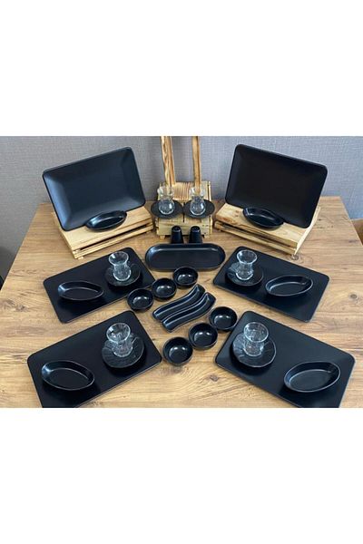 Demet Çeyiz Aksesuar Set Breakfast Matte Black Siera 35 Pieces for 6 People