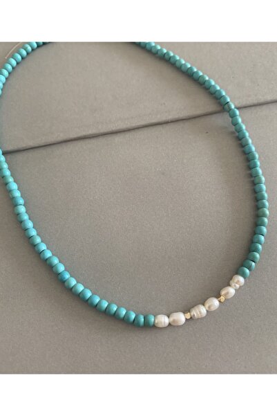 Atelier Çağla قلادة من حجر الفيروز الطبيعي مع اللؤلؤ الحقيقي