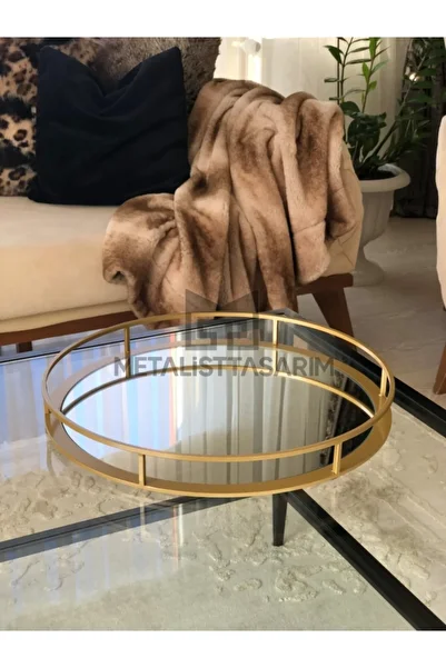Metalist Tasarım Sefa Decorative Mirrored Tray Round Matte Gold Color 42cm