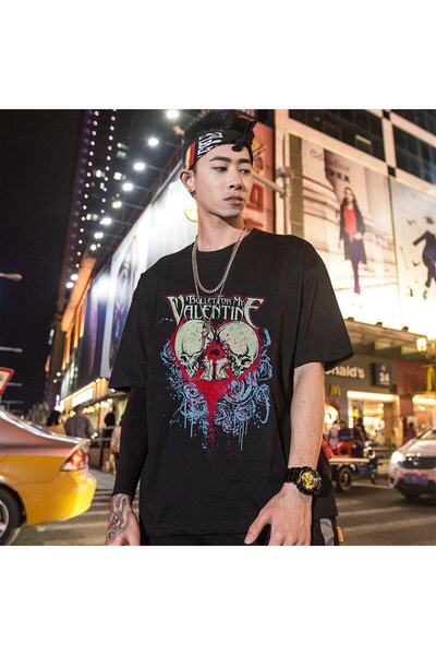 Freak Tshirt Siyah Geniş Kalıp Bullet For My Valentine Baskılı Unisex Rock-me...