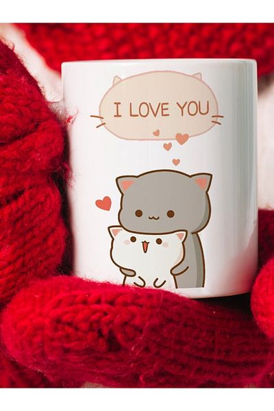 Öz Kupa Mochi Mochi Peach Cat Cute Lover Cats Printed White Mug Cup