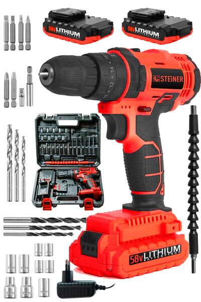 STEİNER Alman Sta 58 V 5 Ah Darbeli Çift Akülü Bakır Sargılı Metal Şanzıman Şarjlı Vidalama Matkap