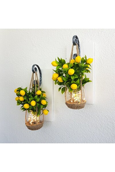 STDEKOR Led Işıklı Duvar Dekoru, Limon Yapay Çiçekli Aplik, Beyaz Ikili Set