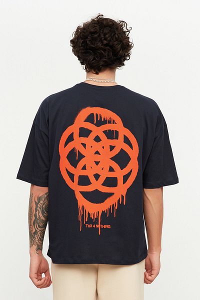 Trendyol Collection Βαμβακερό μπλουζάκι με γεωμετρικό εμπριμέ Navy Blue Oversize - TMNSS21TS1062