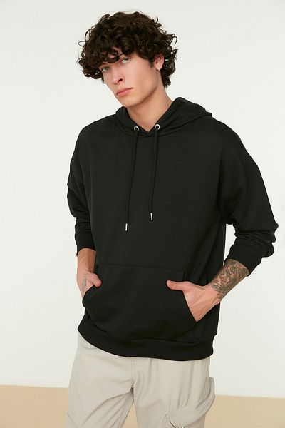 Trendyol Collection Черен овърсайз суичър с качулка - дълъг ръкав TMNAW22SW0954