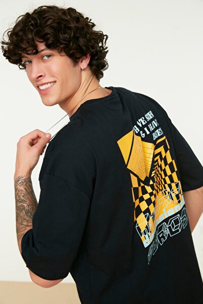 Trendyol Collection GeomeTric mintás sötétkék túlméretes póló - 100% pamut TMNSS22TS0428