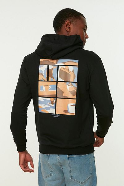 Trendyol Collection Black Printed Long Sleeve Hooded Sweatshirt - Regular Fit TMNAW22SW0964