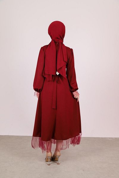 modasindoma Women's Stone Detailed Belted Hijab Dress Claret Red