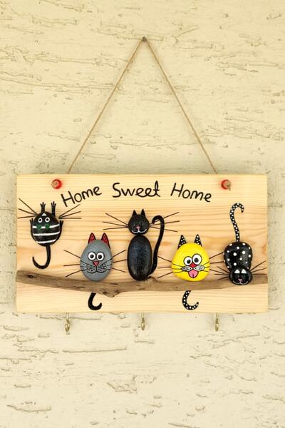 Binbir Trend Kedili Ahşap Anahtarlık Anahtar Askısı, Ahşap Duvar Süsü Gb-047