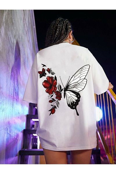 DEEPSENCE Women's Oversize T-shirt Butterfly Rose Back Print