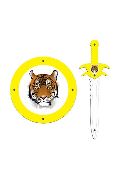 Ahtek Wooden Toy Set of 2, Tiger Head Shield and Sword, Yellow