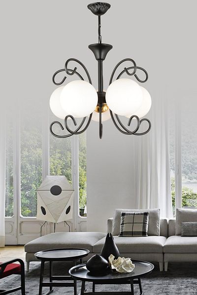 SONSUZ AYDINLATMA&AVİZE Modern Luxury Chandelier with Violet Black 5-Piece White Globe Glass