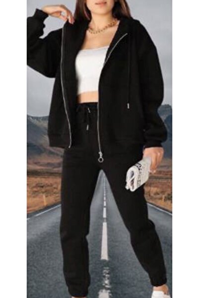 TROVE Amor Woman Kapüşonlu Tam Fermuarlı 4 Iplik Çok Kalın Yeni Stil Oversize Kadın Kışlık Eşofman Takımı
