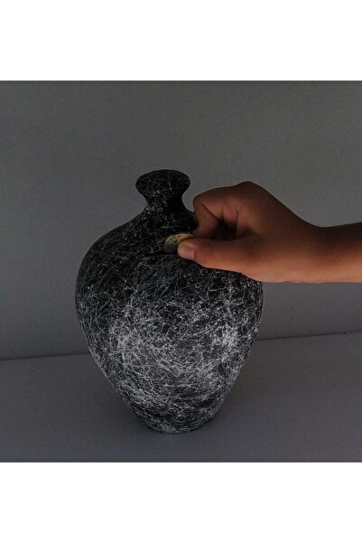 Mask Siyah Çömlek Dekoratif Desenli Testi Kumbara 20 Cm