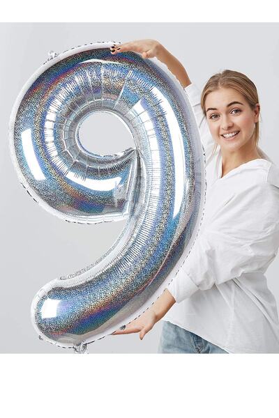Parti dolabı 100 Cm Silver Gray Large Foil 9 Number Balloon 40inc