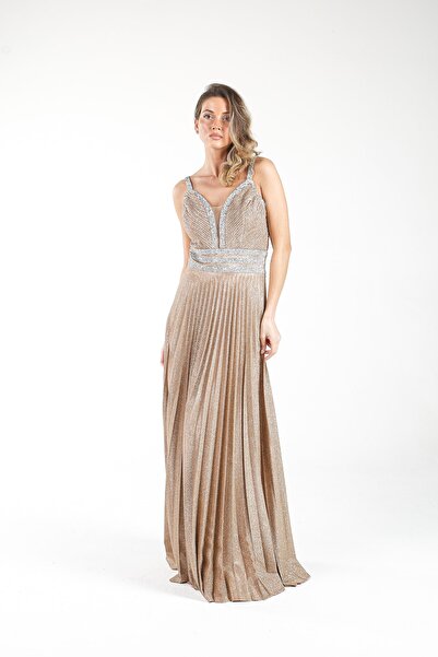 ALİS DRESS Beli Ve Omuzu Taş Işlemeli Pilise Etekli Bakır Abiye