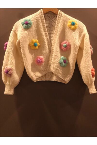 la poche Poch Boutique ručno pleteni dječji cvetni krem kardigan