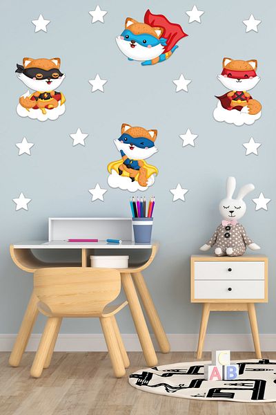 Tilki Dünyası Cute Superhero Foxes Deco Kids Room Wall Sticker