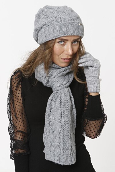 sema aksesuar Winter Scarf Beanie Gloves Set - Grey - Valentine's Day Gift