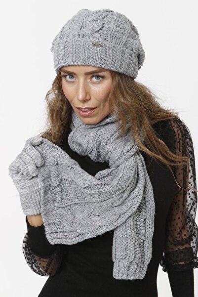 sema aksesuar Winter Scarf Beanie Gloves Set - Grey - Valentine's Day Gift