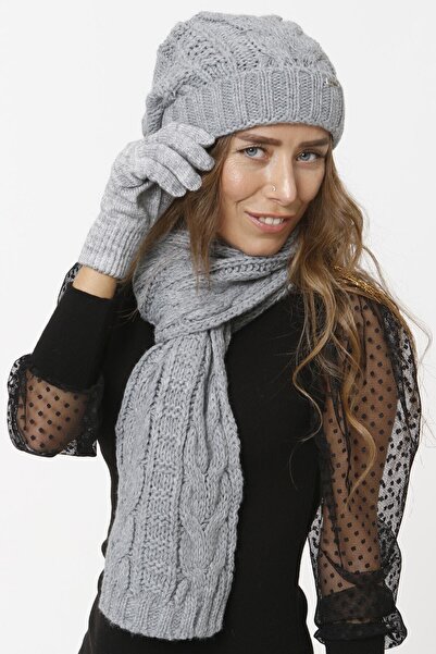sema aksesuar Winter Scarf Beanie Gloves Set - Grey - Valentine's Day Gift