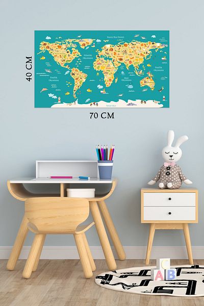 Tilki Dünyası Educational World Map Animal Kingdom Turkish Deco Kids Room Wall Sticker