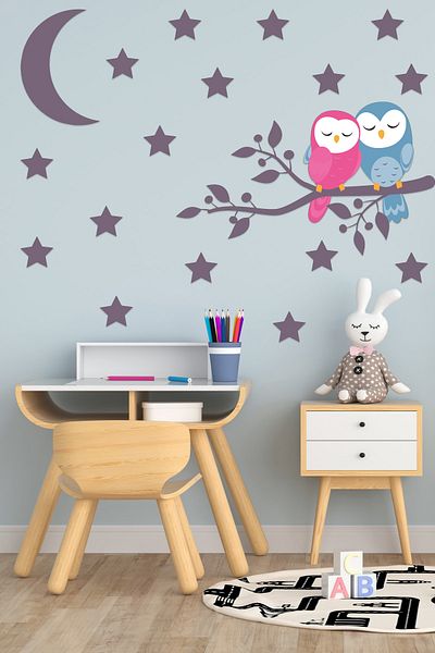 Tilki Dünyası Sleeping Cute Owls And Dark Purple Moon And Stars Deco Kids Room Wall Sticker