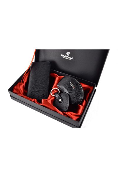 Eminsa Christmas Box Wallet, Coin and Keychain Black Genuine Leather