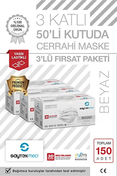 SAYTEKMED Meltblown Filtreli, Yassı Kulak Ipli, Beyaz Cerrahi Maske (150 Adet/3 Kutu)
