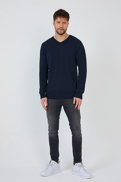 Matte Helsinki Men's V-Neck Navy Blue Plain Knitwear Sweater