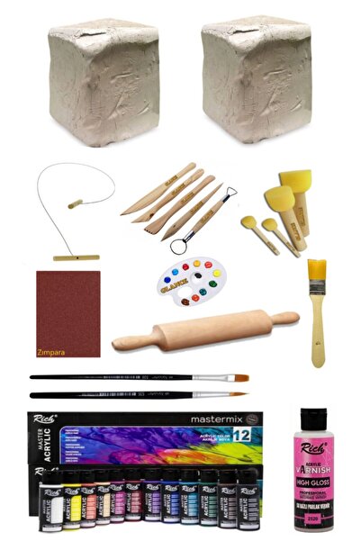 GLANCE Seramik Hamuru 6x2 Kg Kil Kesme Teli Ebeşuarlırich60ccakrilik 12li Vernik, Ponpon,ahşapmerdane Set