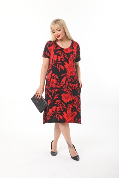 ModaSehle Plus Size Red Flower Patterned Black Short Sleeve Dress