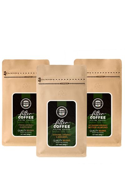 By Tüfekçi Advantageous Caramel, Bitter Almond and Hazelnut Flavored Filter Coffee Set 3X250 Gr