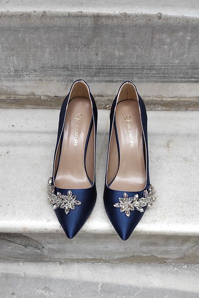 LA CALZATURE Navy Blue Satin 9cm Champagne Heeled Star Stone Stiletto Women's Shoes