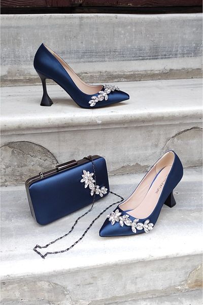 LA CALZATURE Set pantofi și genți de damă din satin bleumarin - 9cm