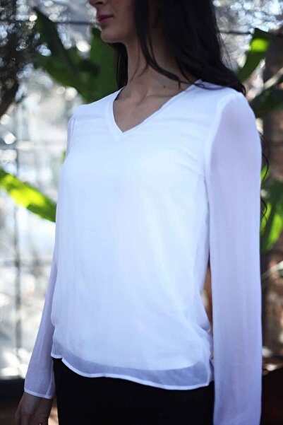 Blues Outlet Γυναικεία μπλούζα σιφόν με λαιμόκοψη V-λευκή