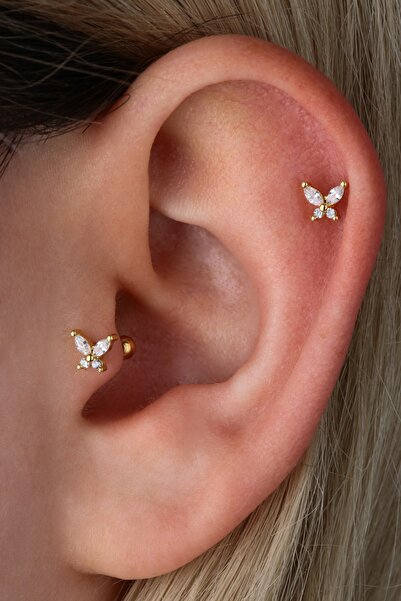Vilma Aksesuar Kelebek Helix Tragus Cerrahi Çelik Piercing (8mm) Gold Renk