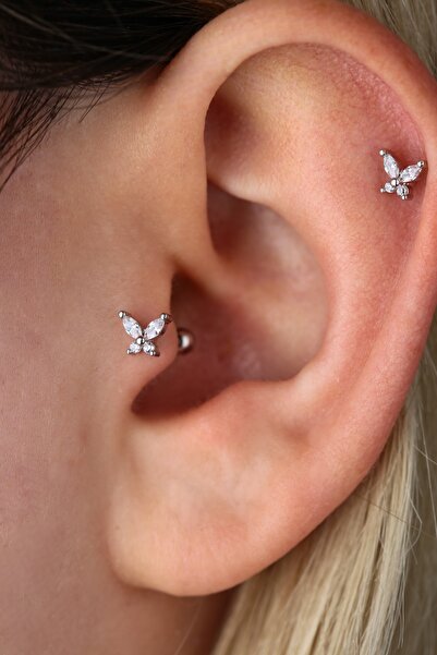 Vilma Aksesuar Kelebek Helix Tragus Cerrahi Çelik Piercing (8mm) Gümüş Renk