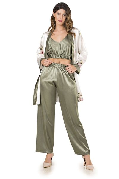 MOONGIRL Γυναικείο Σατέν Τριπλό Φόρεμα Crop Sleepwear Σετ 208