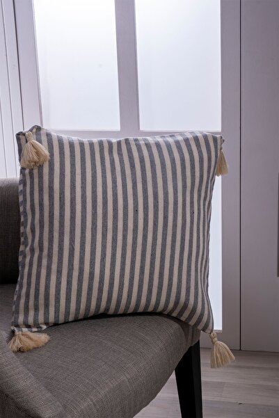 vivamaison Tekli Özel Tasarım Gri Çizgili Keten Köşesi Püsküllü Kırlent Yastık Kılıfı 43x43 Cm