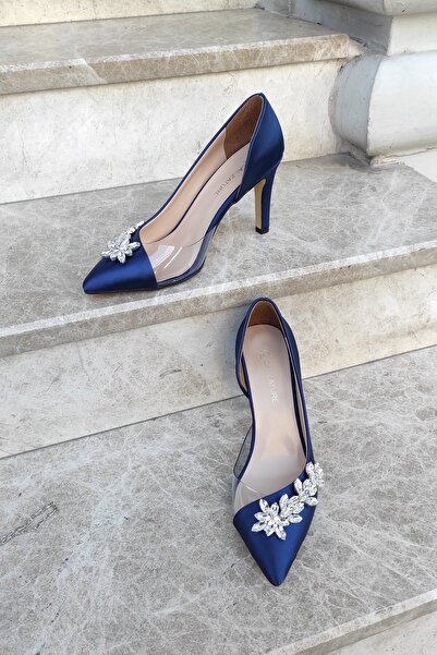 LA CALZATURE الأزرق الداكن الساتان 9cm الجانب الشفاف حجر النجمة الكعب الخنجر ...