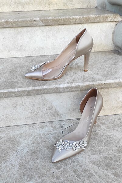 LA CALZATURE الجلد الساتان 9cm الجانب الشفاف حجر النجمة الكعب الخنجر أحذية نس...