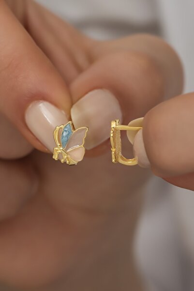 Nereze 925 Ayar Gümüş Renkli Mineli Kelebek Çocuk Küpe