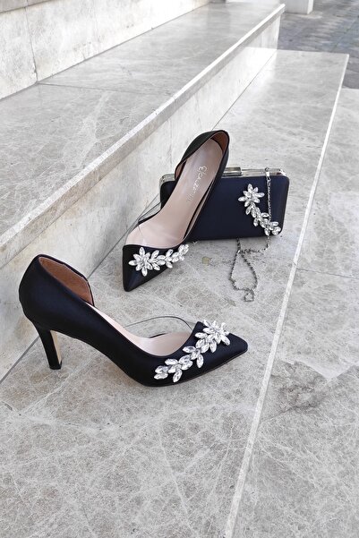 LA CALZATURE مجموعة حقيبة الساتان الأسود 9 سم الجانب الشفاف حجر النجمة الكعب ...