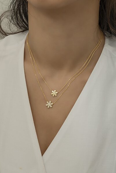 Nereze 925 Ayar Gümüş Gold Çift Kır Çiçeği Kolye